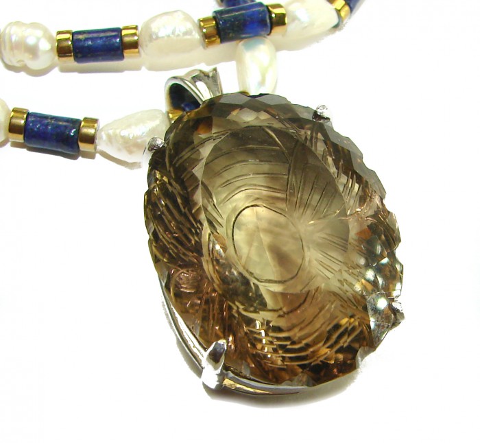 Truly Outstanding LARGE carved Smoky Topaz 14k Gold over .925 Sterling Silver handcrafted Statement necklace - Close-up of large carved Smoky Topaz pendant with pearl and lapis beads