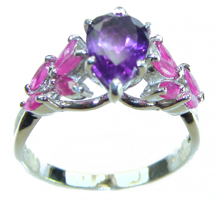 Natural cushion cut 1.4 carat Amethyst Ruby .925 Sterling Silver handmade Statement Ring size 7 - Ring with amethyst and ruby stones, front view.
