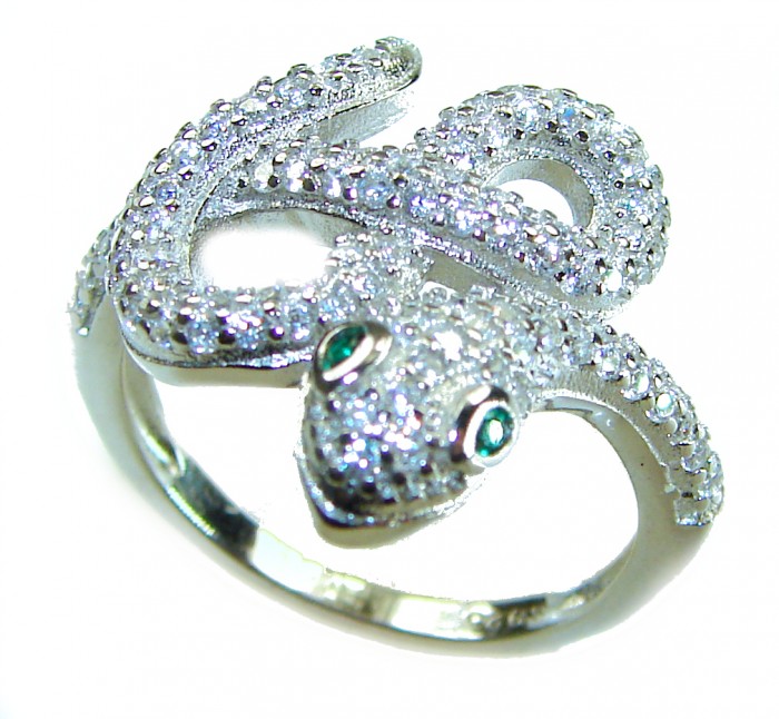 Precious Boa Snake Genuine Emerald Sapphire .925 Sterling Silver handcrafted Ring s. 7 - Snake ring close-up, emerald eyes, sterling silver with sapphire accents.
