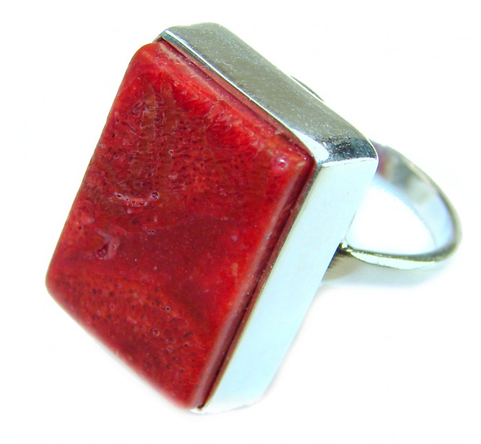 Bochic Style Natural Fossilized Coral .925 Sterling Silver handmade ring s. 7 1/4 - Rectangular red coral ring in sterling silver, angled side view.