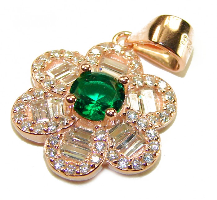 Green Flower 2.1 carat Emerald .925 Sterling Silver dipped in real 18K Gold handmade Statement pendant - Emerald flower pendant close-up, rose gold finish, sparkling gemstones.