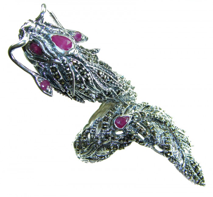 Massive Power - Oversized - Dragon 22.8 grams Marcasite Ruby . 925 Sterling Silver Ring s. 9 - Dragon jewelry with rubies and marcasite, angled view.