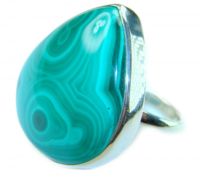 29.5 CARAT genuine Malachite from Ural .925 Sterling Silver handcrafted ring size 7 adjustable - Close-up of 29.5 carat Malachite ring in .925 Sterling Silver.