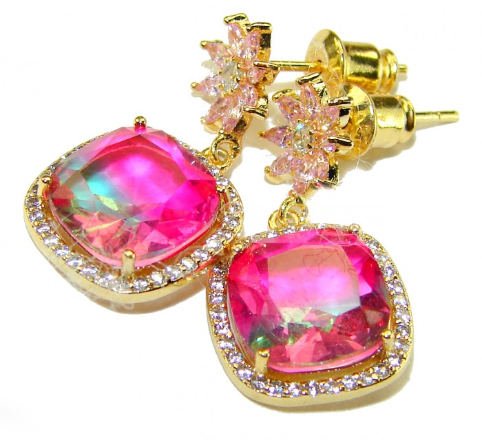 Genevieve 6.5 carat genuine Brazilian Watermelon Tourmaline .925 Sterling Silver dipped in 18K Gold handcrafted Statement earrings - Close-up of Genevieve earrings with watermelon tourmaline stones