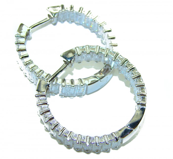 Allure Natural 8.2 carat White Topaz .925 Sterling Silver handcrafted hoop earrings - Close-up of hoop earrings with white topaz in sterling silver.