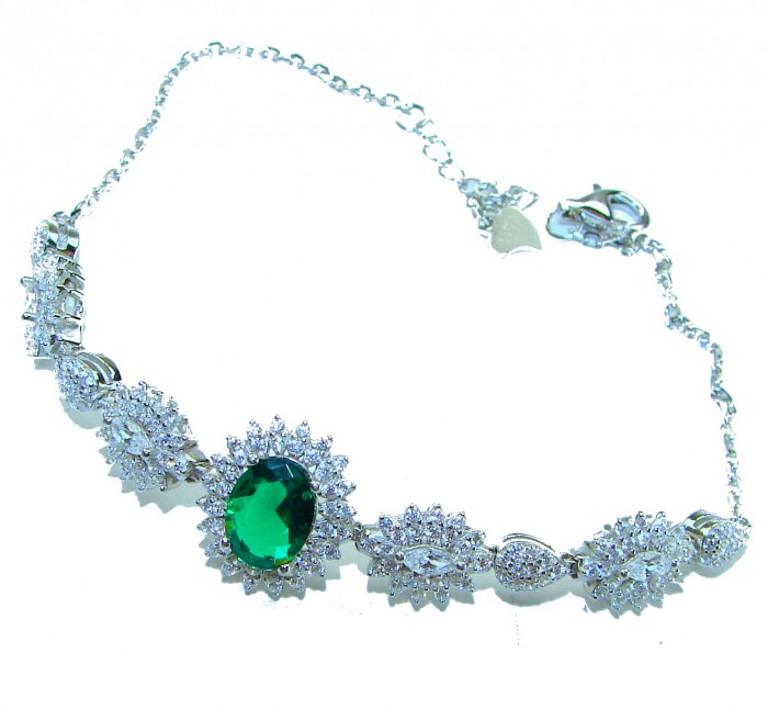 Giovanna - Authentic 6.8 carat Emerlad .925 Sterling Silver handcrafted Statement bracelet - Emerald bracelet with diamond accents, side view, sterling silver setting.