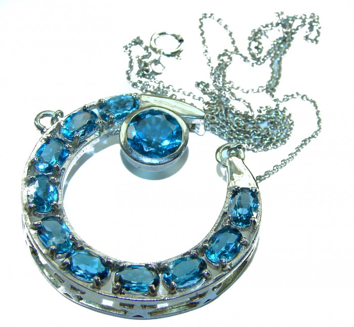 15.2 carat Blue Brilliance London Blue Topaz .925 Sterling Silver handcrafted Necklace - Blue topaz crescent necklace, front view, .925 sterling silver chain