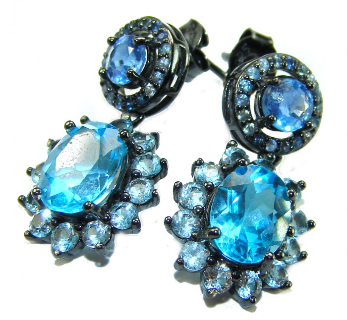 Atlantica 10.7 carat Swiss Blue Topaz .925 Sterling Silver dipped in black rhodium Handcrafted Statement earrings - Close-up of Atlantica Swiss Blue Topaz sterling silver earrings
