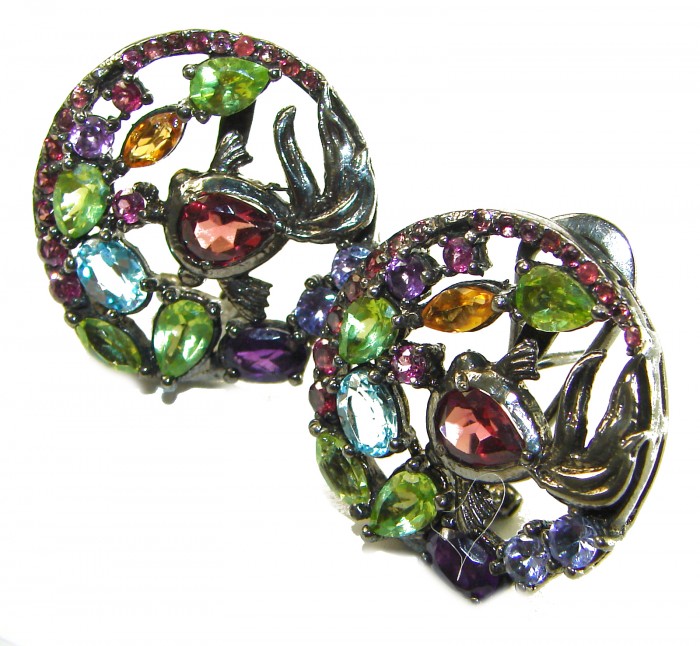 Elizabeth Authentic 12.9 carat Garnet .925 Sterling Silver brilliantly dipped in black rhodium handcrafted earrings - Colorful gemstone earrings with bird design, front view.