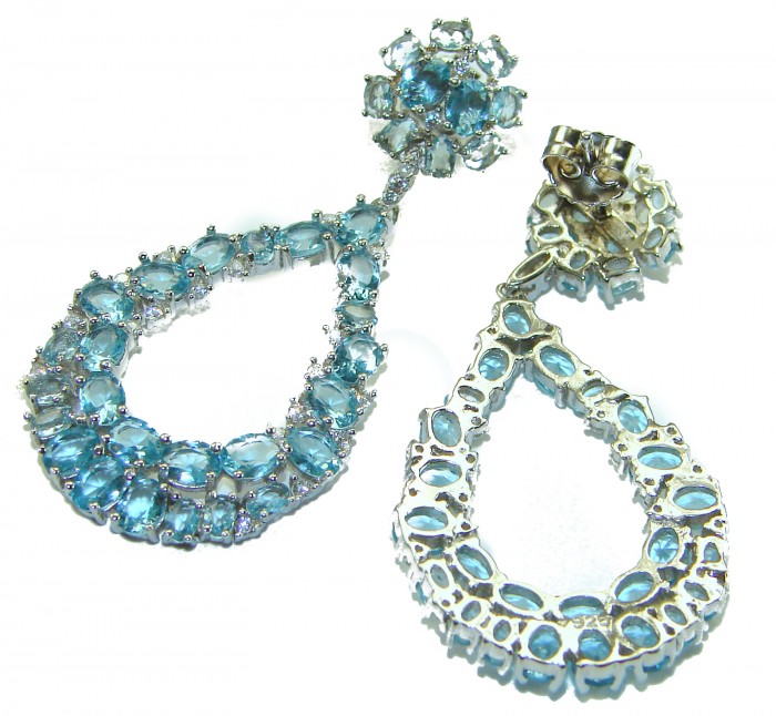 Serenity 18.5 carat genuine Swiss Blue Topaz .925 Sterling Silver handmade Large Statement earrings - Swiss Blue Topaz sterling silver earrings, front and back view.