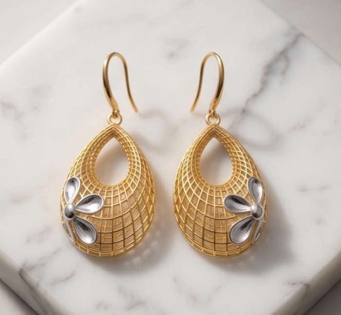 Dubai Style - Silver Flowers - .925 Sterling Silver dipped in 22K Gold handmade Large Earrings - Teardrop earrings with silver flowers, top view, on marble surface