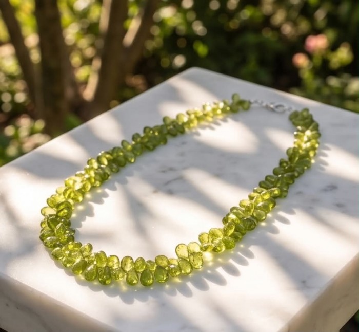 Melissa - Great Masterpiece 55.7 carat genuine Brazilian Peridot .925 Sterling Silver handmade Statement necklace - Peridot necklace on marble surface in dappled sunlight.