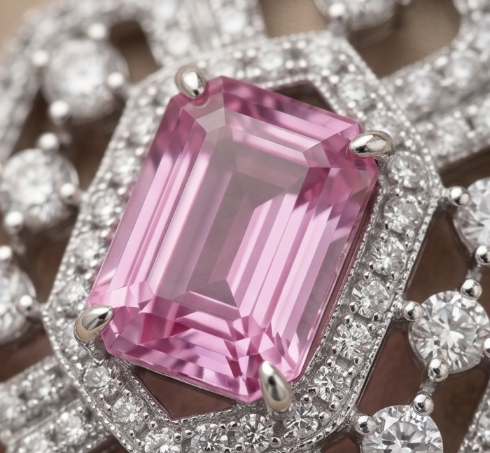 Isabella - Rare 5.9 carat Kunzite .925 Sterling Silver handcrafted Statement earrings - Kunzite stone close-up in sterling silver setting with diamonds.