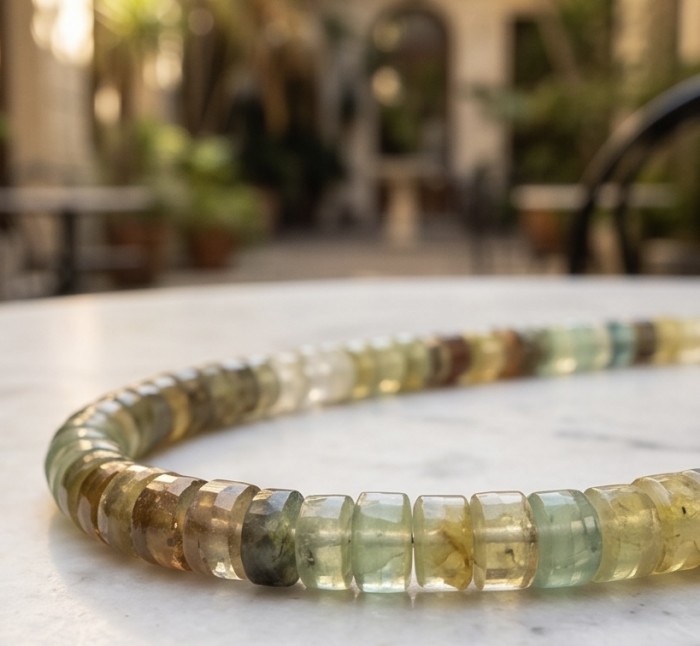 Giovanna - Top quality 95.80 grams Natural Fluorite .925 Sterling Silver handcrafted 22 inches necklace - Close-up of natural fluorite necklace on a marble surface.