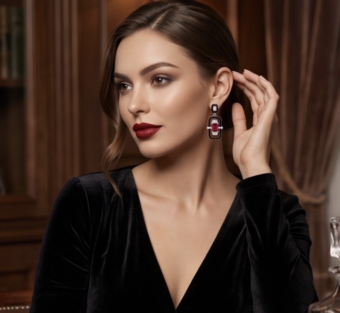 Art Deco - 4.5 carat Ruby enamel .925 Sterling Silver handcrafted incredible earrings - Woman wearing Art Deco ruby earrings, side view close-up.