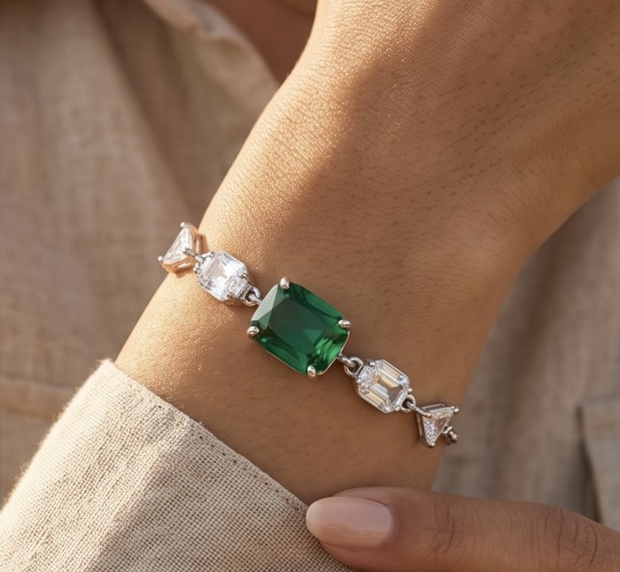 Giovanna - Authentic 7.2 carat Colombian Emerlad .925 Sterling Silver handcrafted Statement bracelet - Emerald bracelet worn on wrist, showcasing main stone and design details