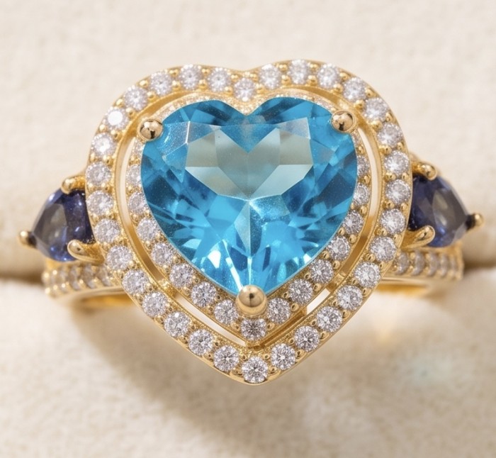 ANGEL'S HEART 6.8 carat Swiss Blue Topaz .925 Sterling Silver dipped in 22K Gold handcrafted ring size 8 - Close-up of heart-shaped blue topaz ring with diamond accents