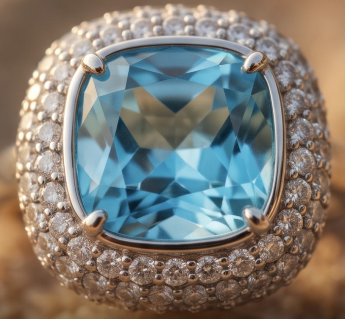 Aqua 10.5 carat Swiss Blue Topaz rhodium over .925 Sterling Silver handcrafted ring size 8 - Close-up of Swiss Blue Topaz ring with surrounding diamonds.