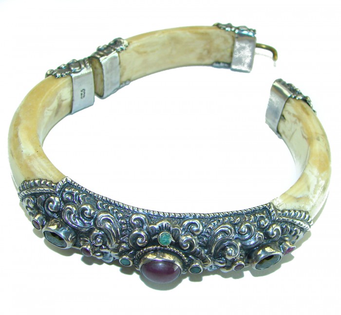 Authentic Buffalo Carved Bone 3.5 carat Ruby Amethyst .925 Sterling Silver handcrafted Bali Bracelet / Cuff - photo 1
