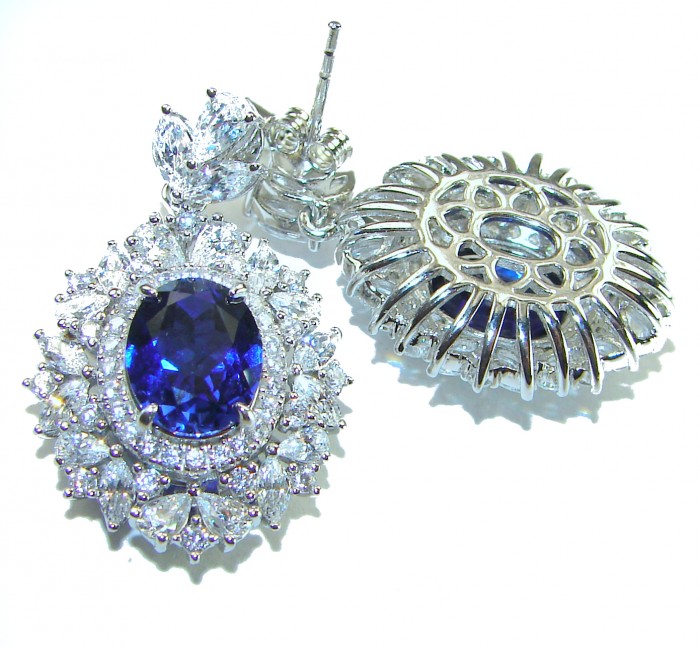 Luxurious 4.5 carat Sapphire White Sapphire .925 Sterling Silver Statement earrings - Close-up of luxurious sapphire and white sapphire earrings.