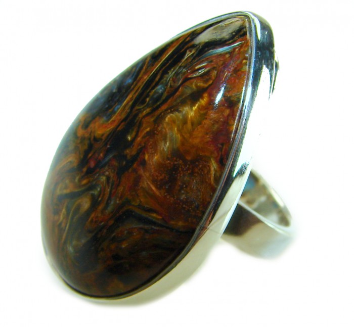 Large 31.8 carat Silky Golden Pietersite .925 Sterling Silver handmade Ring size 7 adjustable - Close-up of large Pietersite ring set in .925 sterling silver.