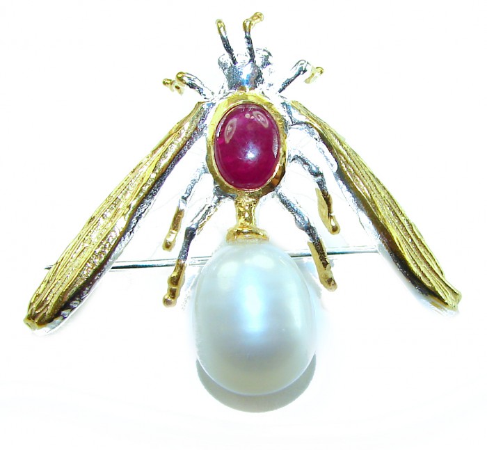 Ruby Bee genuine Enamel Pearl 14K Gold over .925 Sterling Silver handmade Pendant - Brooch - Ruby bee brooch front view with enamel, pearl, and gold detailing.