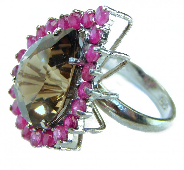 Serenity 18.5 carat Champagne Smoky Topaz Ruby .925 Sterling Silver HUGE Ring size 7 1/4 - Side view of Serenity ring with Champagne Smoky Topaz and ruby accents.