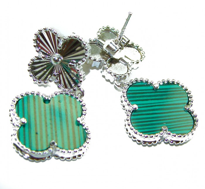 Outstanding inlay authentic Malachite Lucky Four Leaf Clover .925 Sterling Silver Earrings - Close-up of silver four-leaf clover earrings with malachite inlay.