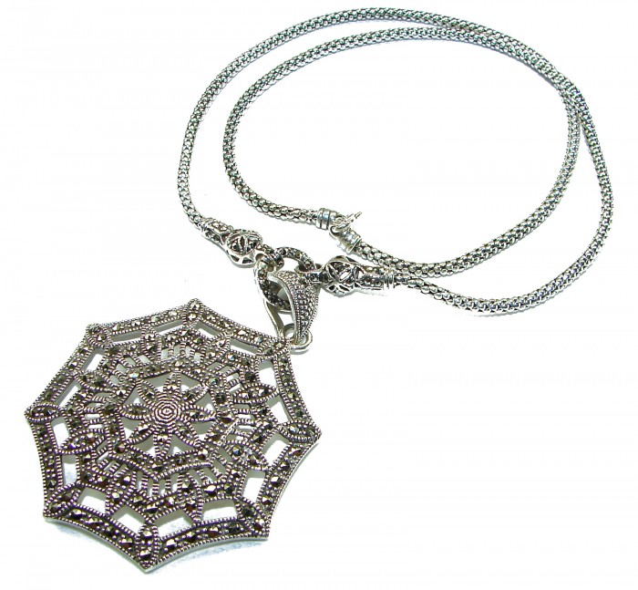 Bright Star - Large genuine Marcasite .925 Sterling Silver necklace 20 inches long - Spider web pendant necklace with marcasite, front view.