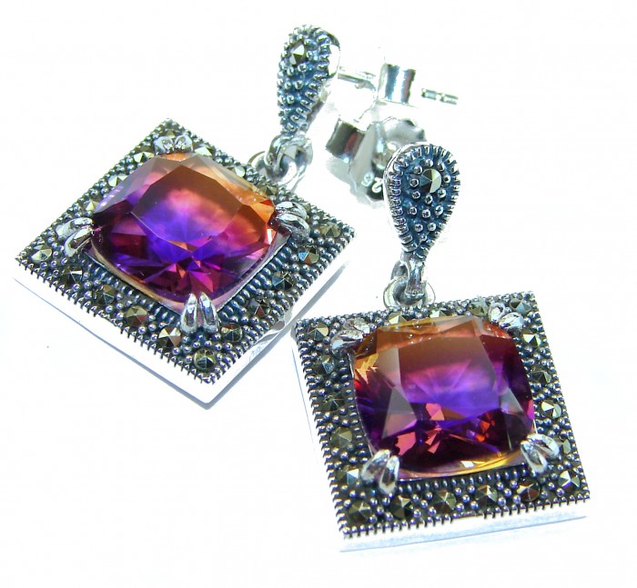 Emma 9.5 carat Ametrine Marcasite .925 Sterling Silver HANDCRAFTED Earrings - Close-up of ametrine and marcasite sterling silver earrings