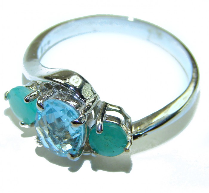 Emily 3.8 carat Swiss Aquamarine Emerald .925 Sterling Silver handmade Statement Ring size 8 - Side view of Emily ring with aquamarine and emerald stones.