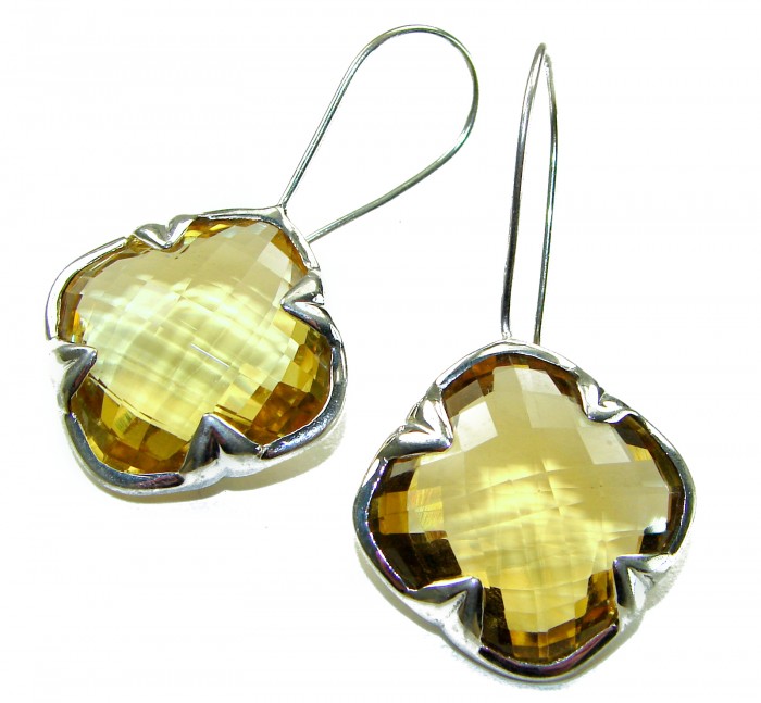 Summer Friday 25.8 carat Lemon Quartz .925 Sterling Silver handcrafted Statement Earrings - Lemon quartz earrings front view, 25.8 carat, sterling silver.