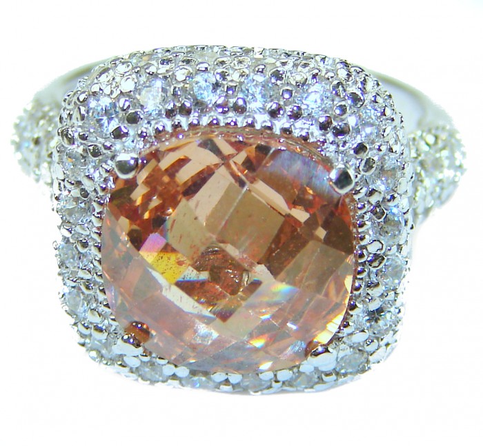 Authentic cushion cut 10.2 carat volcanic Morganite 14K White Gold over .925 Sterling Silver ring s. 7 3/4 - Close-up of a cushion cut Morganite ring with diamond accents