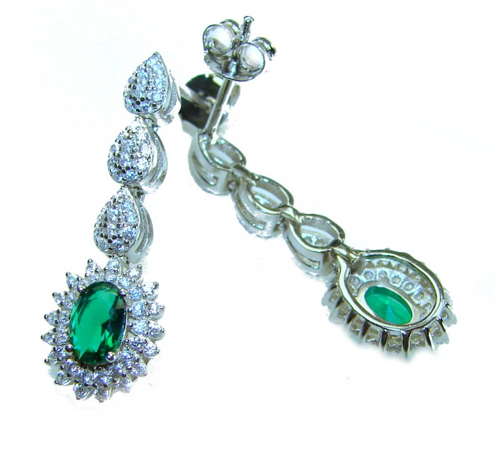 Gabriella 5.2 carat authentic Emerald rhodium over .925 Sterling Silver handcrafted Statement earrings - Dangling emerald earrings, front and back view, rhodium over silver.