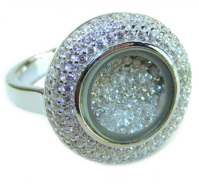 Floating Memories 12.5 carat White Topaz .925 Sterling Silver Handcrafted Ring size 6 1/4 - Close-up of Floating Memories ring with white topaz stones and silver setting.