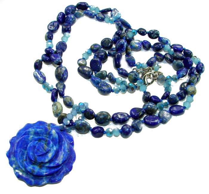 Bohemian style genuine carved Sodalite .925 Sterling Silver Necklace - Bohemian necklace with carved Sodalite pendant, top view.