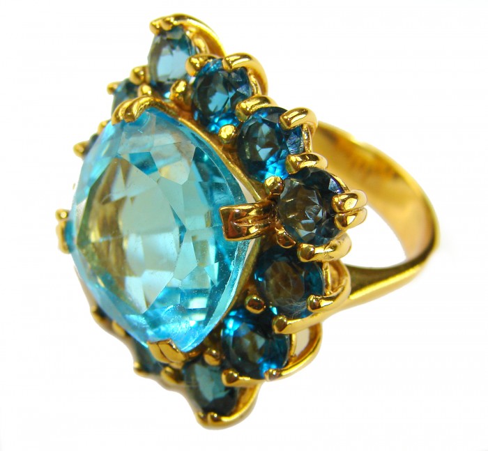 Pacifica - Authentic 20.8 carat Swiss Blue Topaz Sapphire 22K Gold over .925 Sterling Silver handcrafted Large Statement ring size 6 3/4 - Close-up of gold ring with blue topaz and sapphire stones