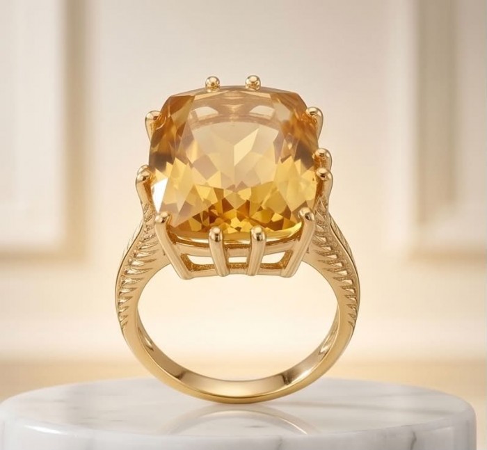 Liliana 28.5 carat Heliodor .925 Sterling Silver dipped in Real 18K Gold Oversized Ring size 9 - Gold-toned ring with large yellow stone, front view on marble surface.
