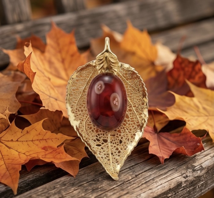 Real Leaf dipped in Sterling silver and gold Genuine 14.8 carat Garnet .925 Sterling Silver handcrafted Statement pendant - Gold and silver leaf pendant with red stone on autumn leaves.