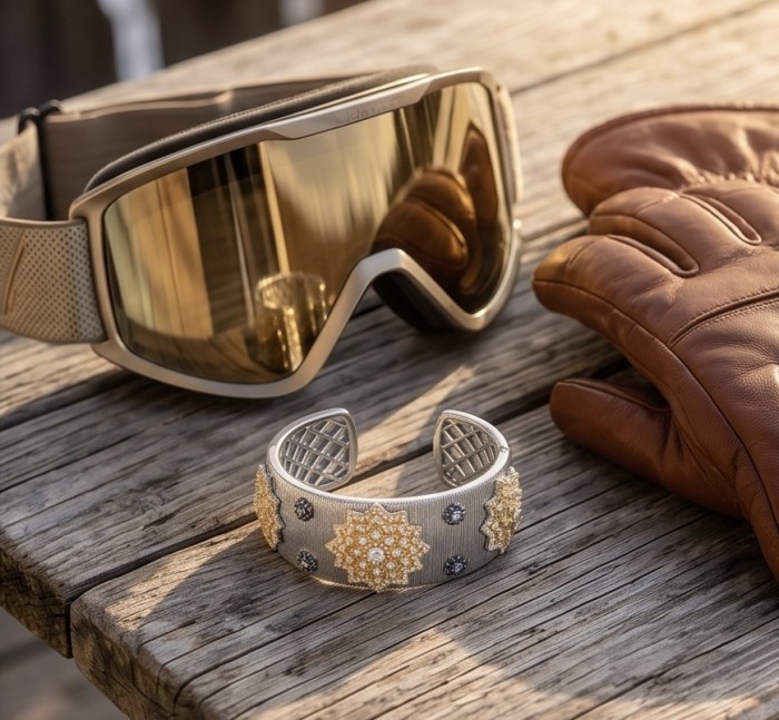 Dolce Vita - Precious Natural 9.5 carat White Topaz 2 tones .925 Sterling Silver handcrafted bracelet - Bracelet on table with goggles and gloves, top view.