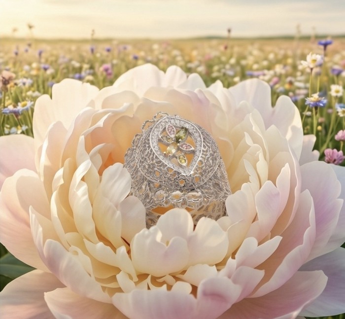 Casablanca - authentic 3.4 carat Tourmaline .925 Sterling Silver brilliantly handcrafted ring s. 8 - Tourmaline ring on peony, front view, intricate silver detail.