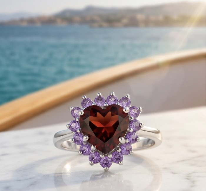 Natural 4.8 carat Mozambique Ruby .925 Sterling Silver Handcrafted Cocktail Ring s. 9 - Heart-shaped ruby ring with purple stones, close-up on a marble surface