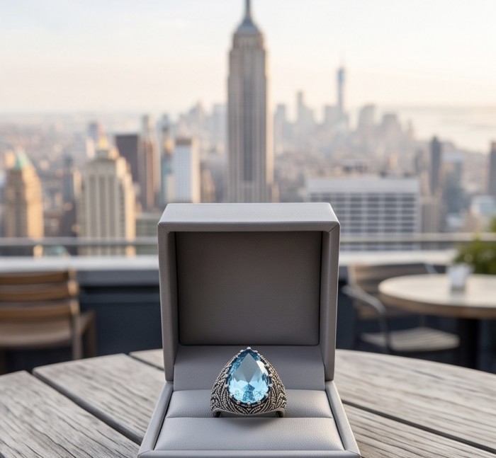 Massive Deep Blue 18.8 carat Aquamarine Marcasite .925 Sterling Silver handcrafted ring size 9 - Aquamarine ring in box with cityscape background, front view.