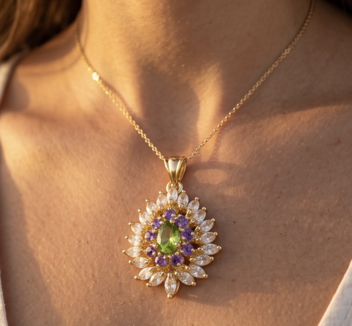 Paloma Authentic 22.2 carat Peridot from Arizona 18k GOLD OVER .925 Sterling Silver handmade Statement pendant - Necklace with green peridot pendant worn on neck, front view.