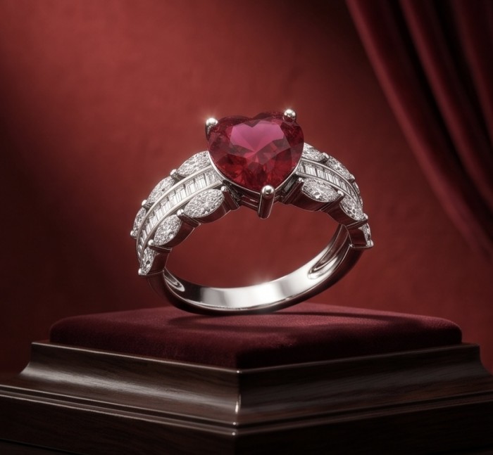 Red Heart 4.8 carat natural Garnet rhodium over .925 Sterling Silver Handcrafted Ring size 8 1/4 - Heart-shaped garnet ring on display, detailed view on velvet plinth.
