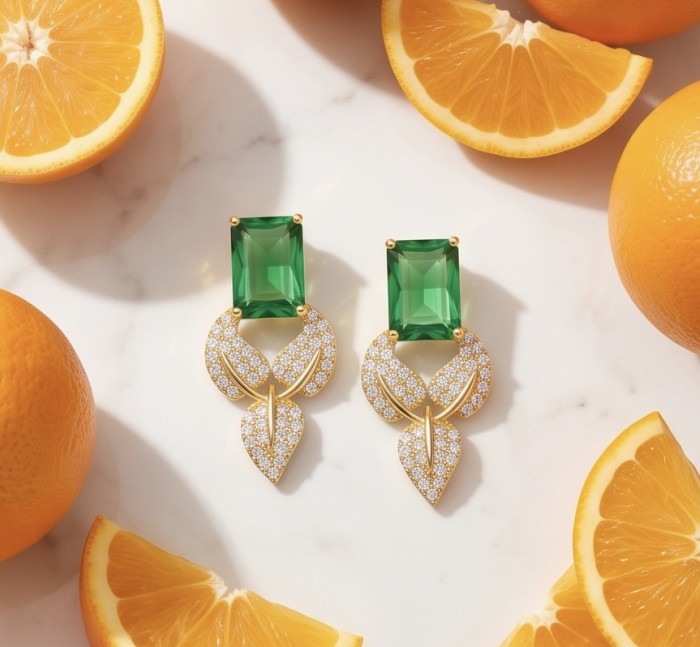 Luxurious 10.9 carat authentic Himalayan Peridot .925 Sterling Silver dipped in 14K Gold Handcrafted Statement Earrings - Luxurious peridot earrings with diamonds, top view with orange slices