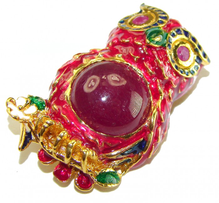Wisdom and Unseen World - Owl- Genuine 10.5 carat Ruby enamel .925 Sterling Silver handmade Pendant - Brooch - photo 4