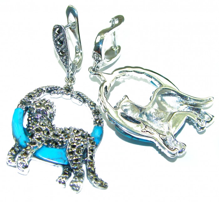 Cheetah Turquoise Ruby Marcasite .925 Sterling Silver Handcrafted earrings - photo 1