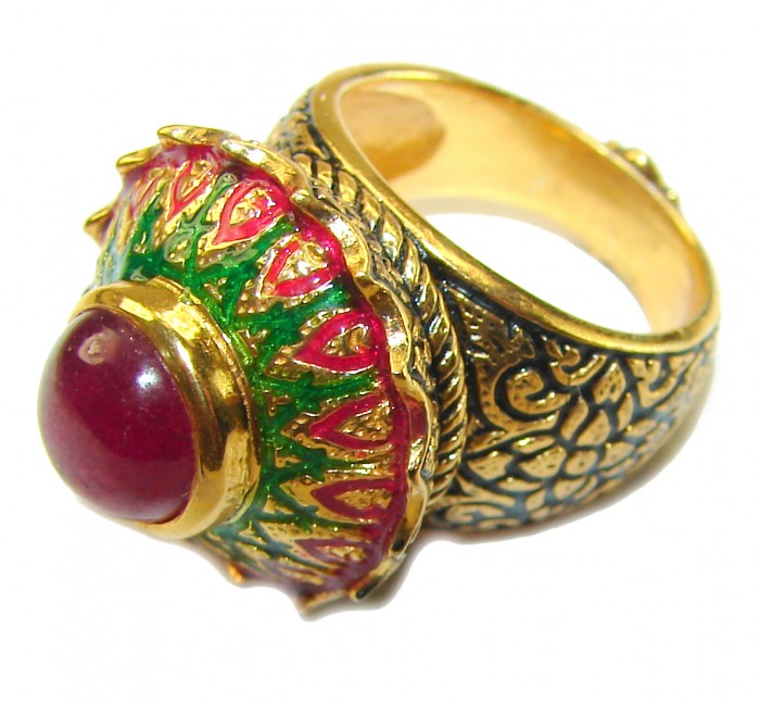 Purity Wisdom Prosperity 4.3 carat Ruby Enamel 18K Gold over .925 Sterling Silver Huge handcrafted Ring s. 6 3/4 - Side view of a ruby and enamel 18K gold ring with intricate patterns.
