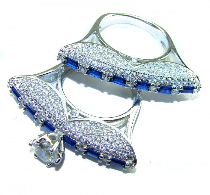 Extravaganza Large 5.6 carat Sapphire .925 Sterling Silver brilliantly handcrafted stack up ring s. 6 - Side view of sapphire and silver rings with diamond accents.